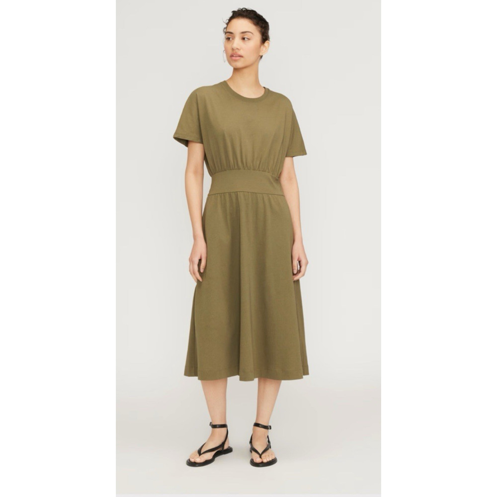Everlane 100% Organic Cotton Waisted Midi Dress in Kalamata Olive Womens Large